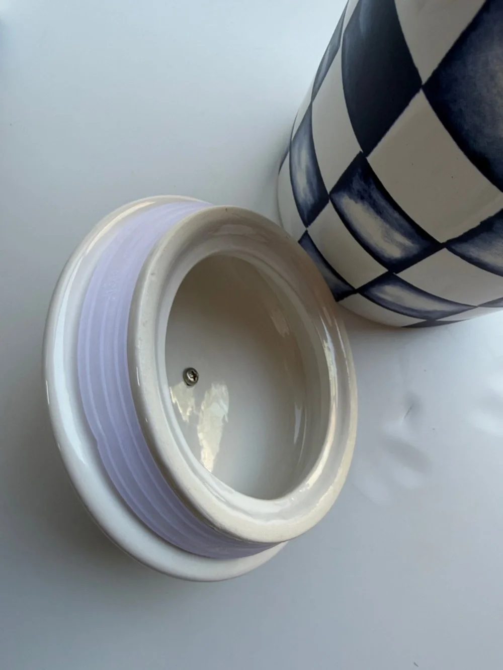 Blue & White Checkered Ceramic Canister with Clear Knob on Lid